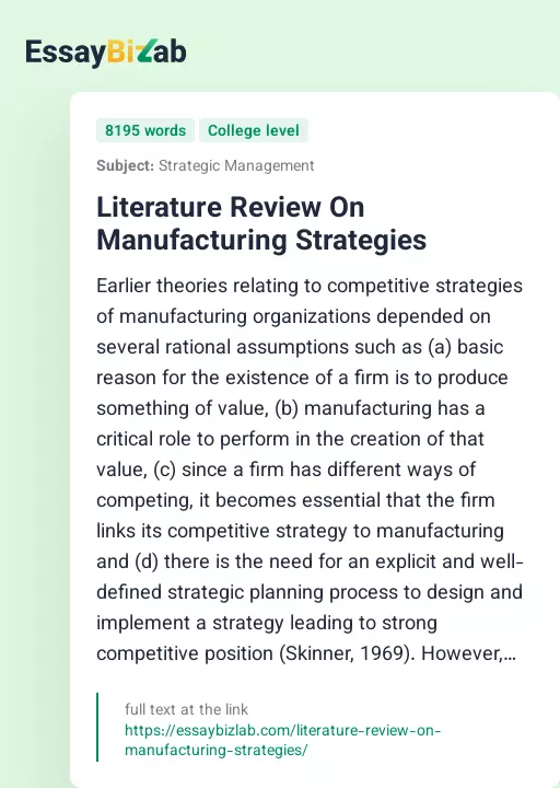 Literature Review On Manufacturing Strategies - Essay Preview