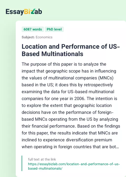 Location and Performance of US-Based Multinationals - Essay Preview