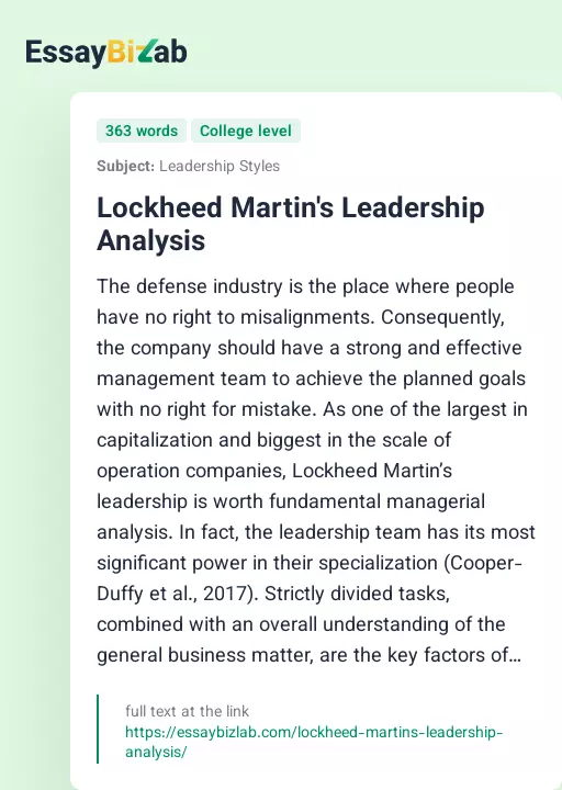 Lockheed Martin's Leadership Analysis - Essay Preview