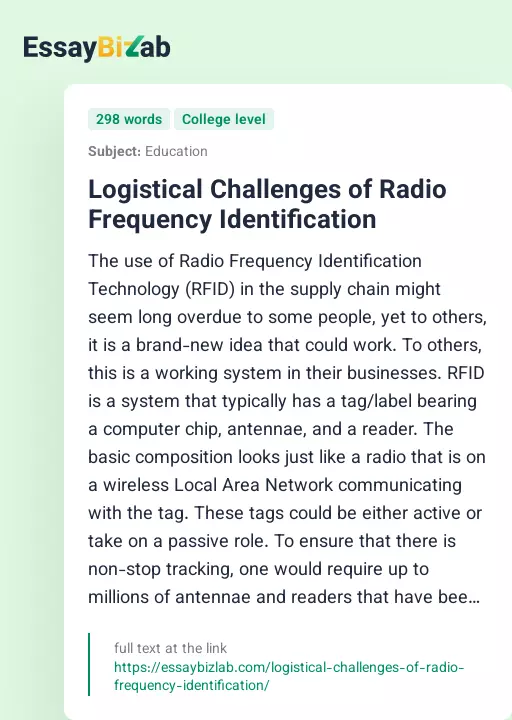 Logistical Challenges of Radio Frequency Identification - Essay Preview