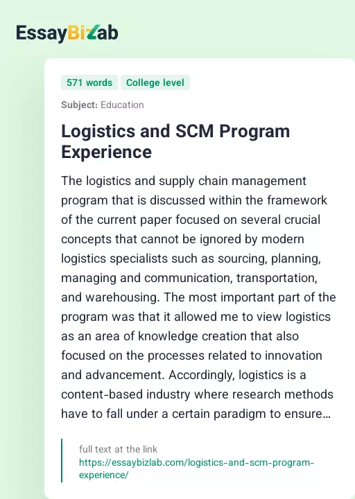 Logistics and SCM Program Experience - Essay Preview