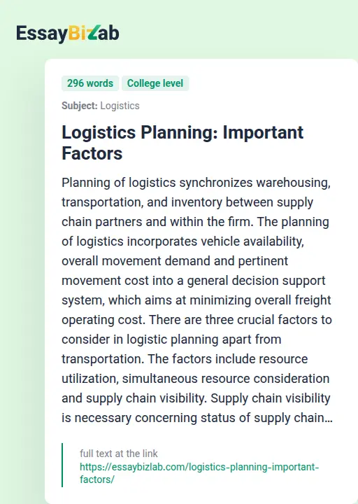 Logistics Planning: Important Factors - Essay Preview