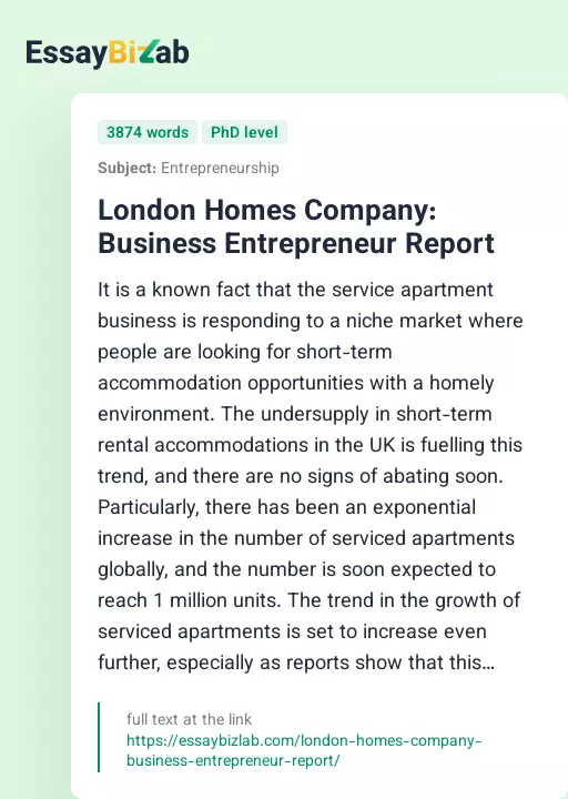 London Homes Company: Business Entrepreneur Report - Essay Preview
