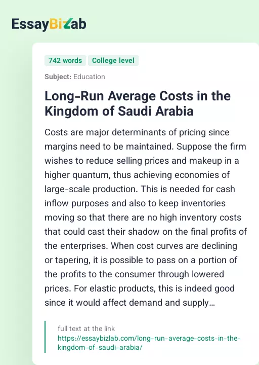 Long-Run Average Costs in the Kingdom of Saudi Arabia - Essay Preview