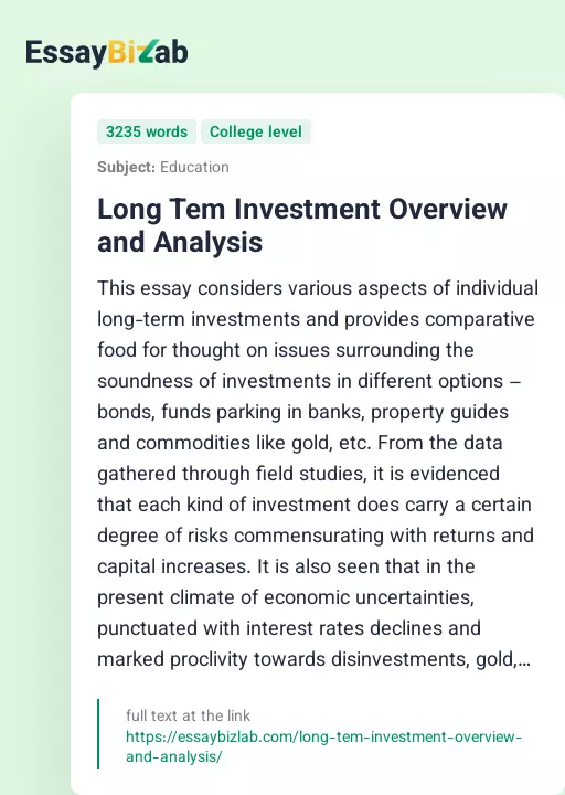 Long Tem Investment Overview and Analysis - Essay Preview