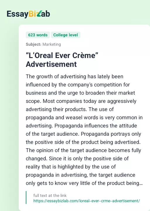 “L’Oreal Ever Crème” Advertisement - Essay Preview