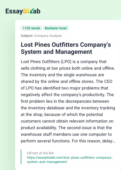 Lost Pines Outfitters Company’s System and Management - Essay Preview