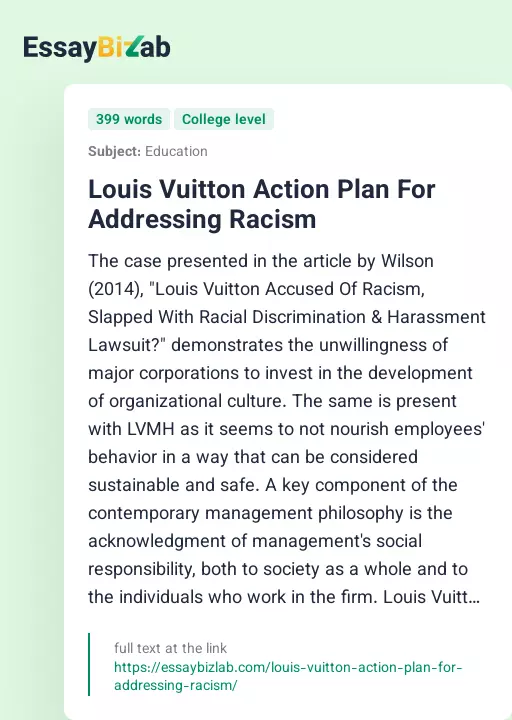 Louis Vuitton Action Plan For Addressing Racism - Essay Preview