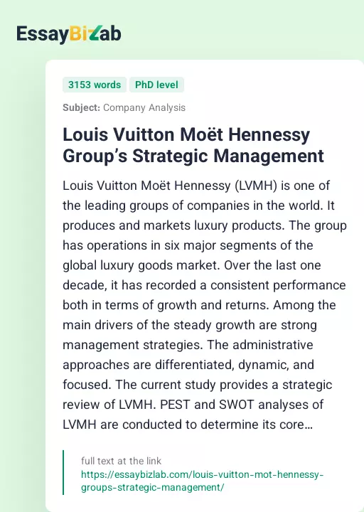 Louis Vuitton Moët Hennessy Group’s Strategic Management - Essay Preview