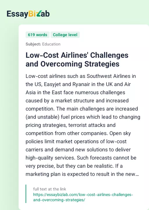 Low-Cost Airlines' Challenges and Overcoming Strategies - Essay Preview