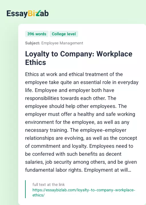 Loyalty to Company: Workplace Ethics - Essay Preview