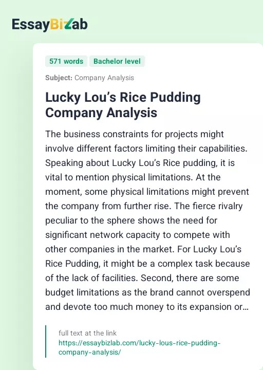 Lucky Lou’s Rice Pudding Company Analysis - Essay Preview