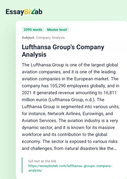 Lufthansa Group's Company Analysis - Essay Preview