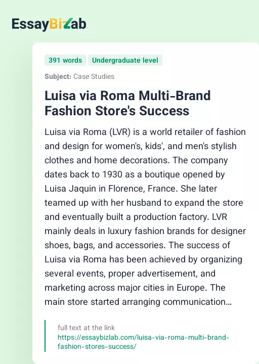 Luisa via Roma Multi-Brand Fashion Store's Success - Essay Preview