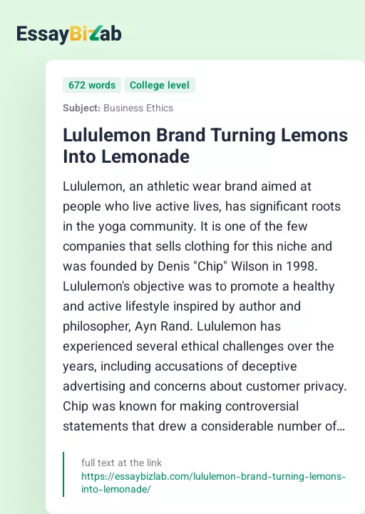 Lululemon Brand Turning Lemons Into Lemonade - Essay Preview