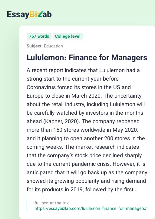 Lululemon: Finance for Managers - Essay Preview