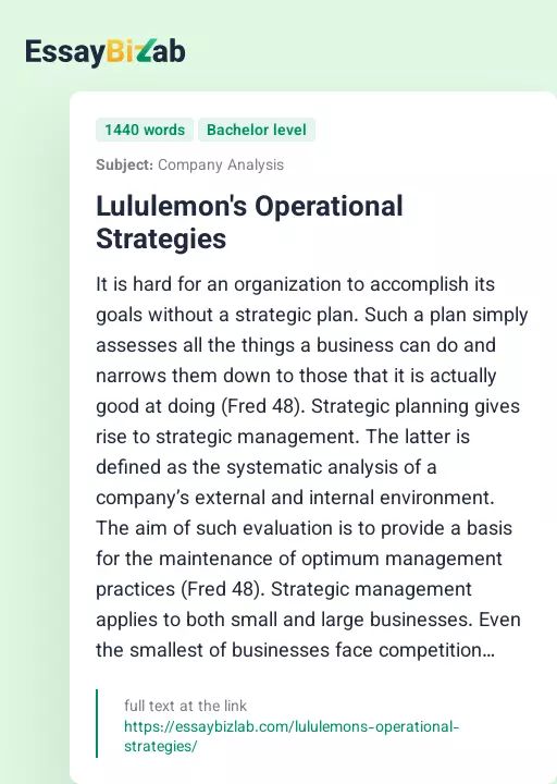 Lululemon's Operational Strategies - Essay Preview