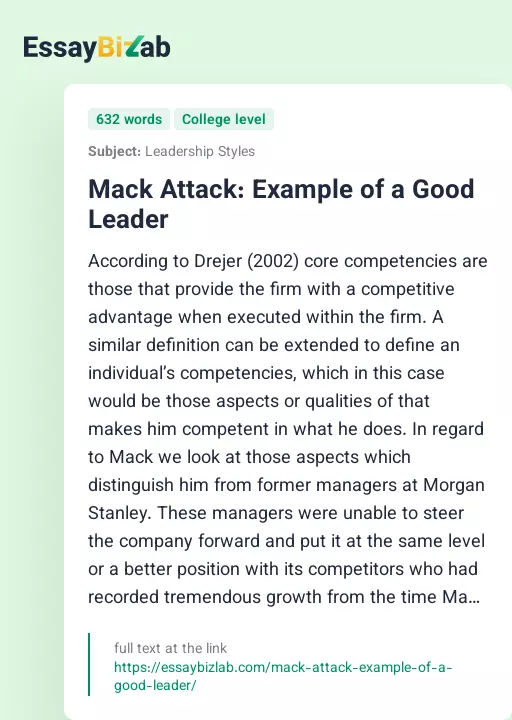 Mack Attack: Example of a Good Leader - Essay Preview