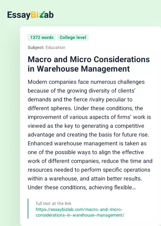 Macro and Micro Considerations in Warehouse Management - Essay Preview