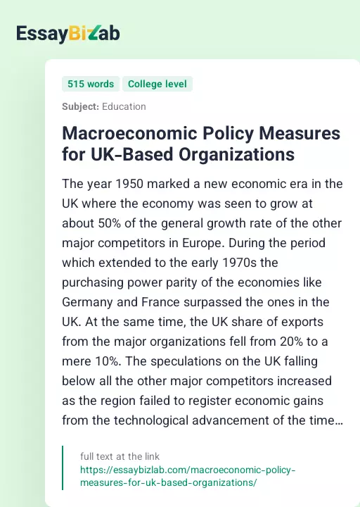 Macroeconomic Policy Measures for UK-Based Organizations - Essay Preview
