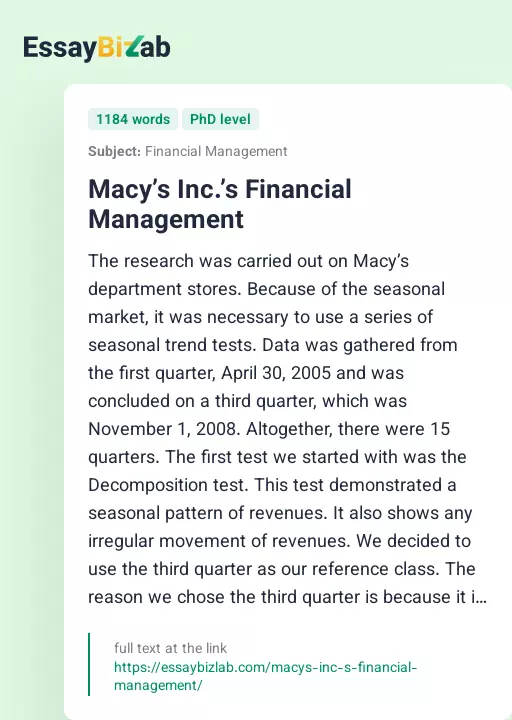Macy’s Inc.’s Financial Management - Essay Preview