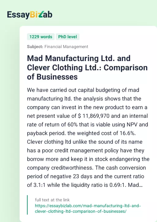 Mad Manufacturing Ltd. and Clever Clothing Ltd.: Comparison of Businesses - Essay Preview