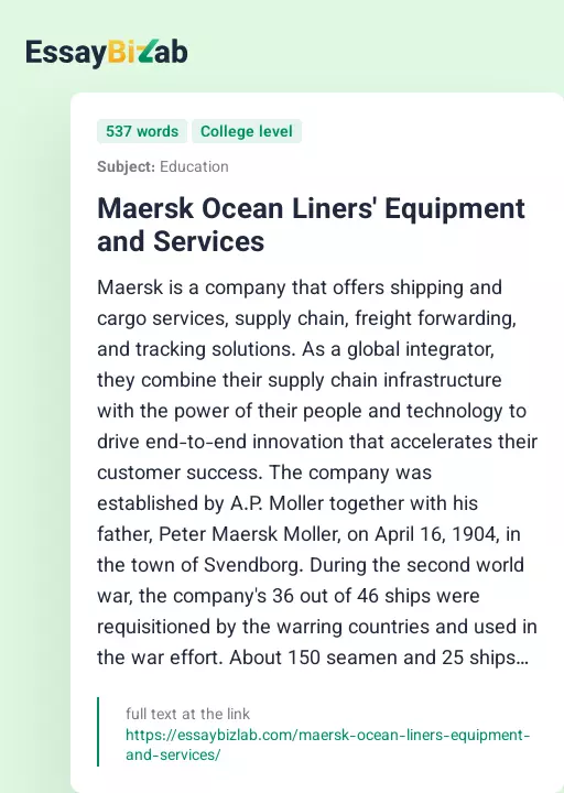 Maersk Ocean Liners' Equipment and Services - Essay Preview
