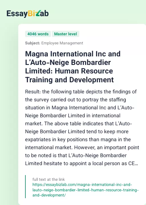 Magna International Inc and L’Auto-Neige Bombardier Limited: Human Resource Training and Development - Essay Preview