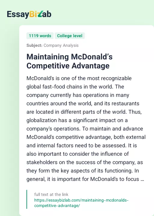 Maintaining McDonald’s Competitive Advantage - Essay Preview