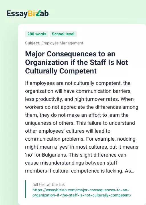 Major Consequences to an Organization if the Staff Is Not Culturally Competent - Essay Preview