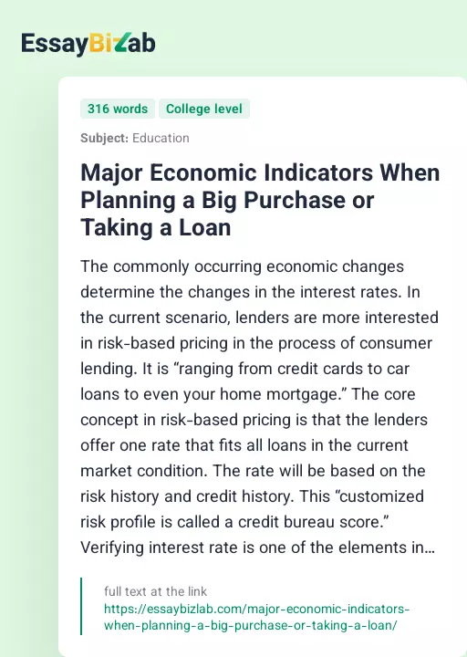 Major Economic Indicators When Planning a Big Purchase or Taking a Loan - Essay Preview