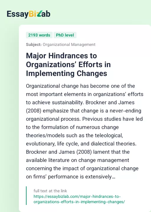 Major Hindrances to Organizations’ Efforts in Implementing Changes - Essay Preview
