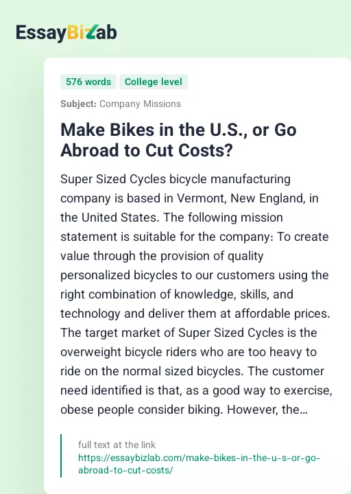 Make Bikes in the U.S., or Go Abroad to Cut Costs? - Essay Preview