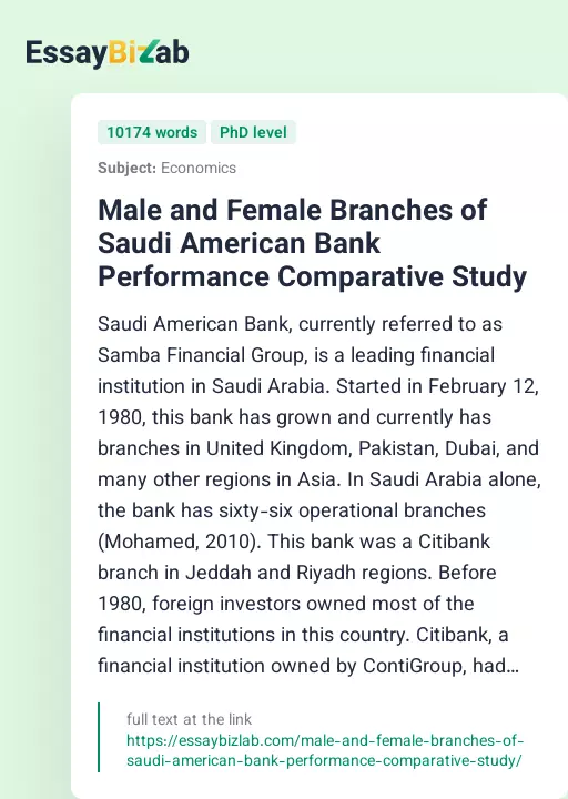 Male and Female Branches of Saudi American Bank Performance Comparative Study - Essay Preview