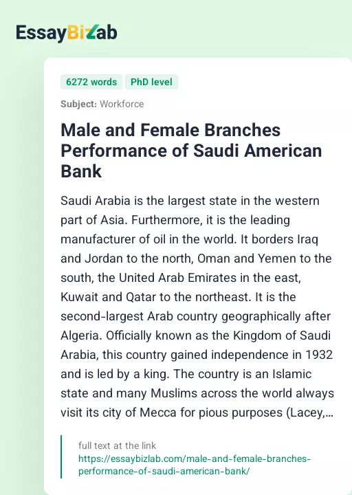 Male and Female Branches Performance of Saudi American Bank - Essay Preview