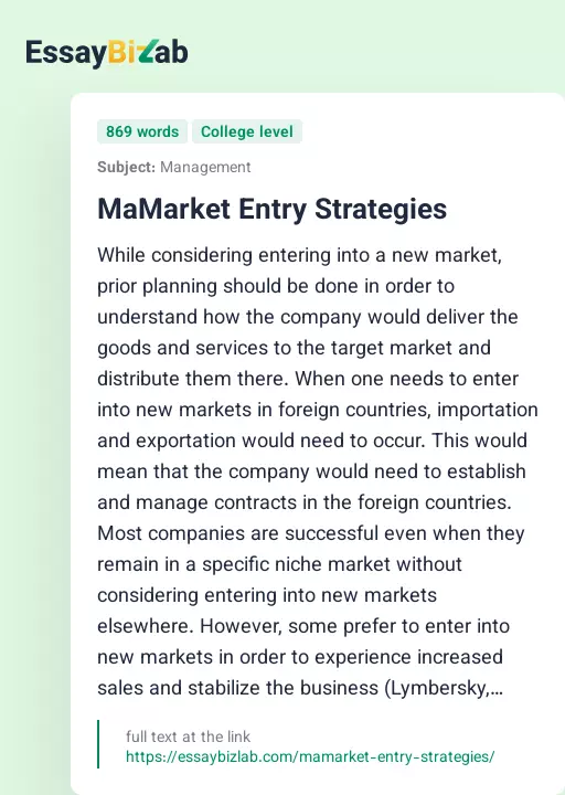 MaMarket Entry Strategies - Essay Preview