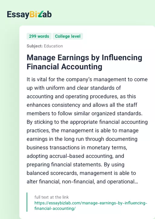 Manage Earnings by Influencing Financial Accounting - Essay Preview