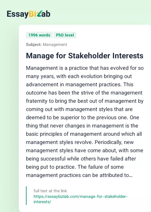 Manage for Stakeholder Interests - Essay Preview