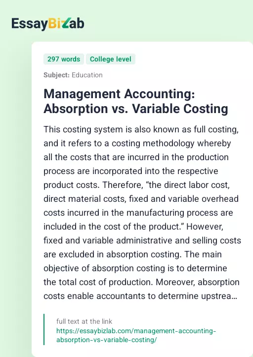 Management Accounting: Absorption vs. Variable Costing - Essay Preview