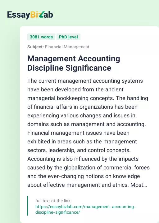 Management Accounting Discipline Significance - Essay Preview