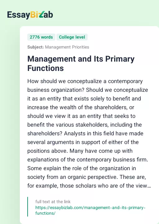 Management and Its Primary Functions - Essay Preview