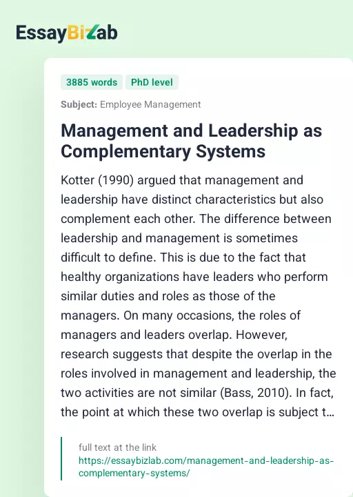 Management and Leadership as Complementary Systems - Essay Preview