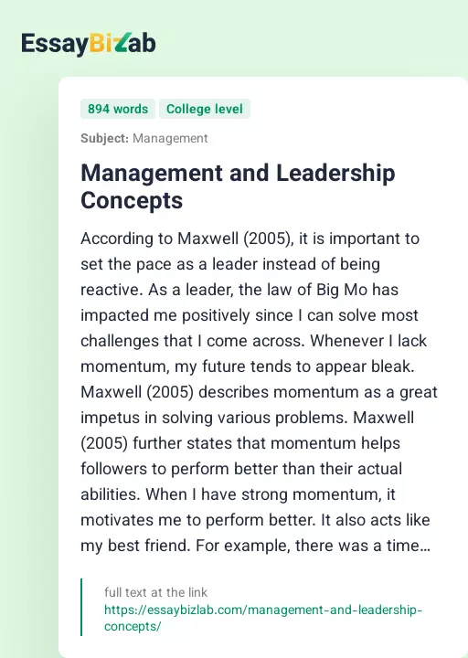 Management and Leadership Concepts - Essay Preview