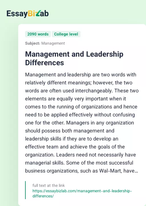 Management and Leadership Differences - Essay Preview