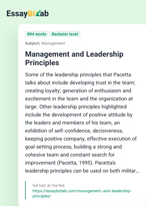 Management and Leadership Principles - Essay Preview