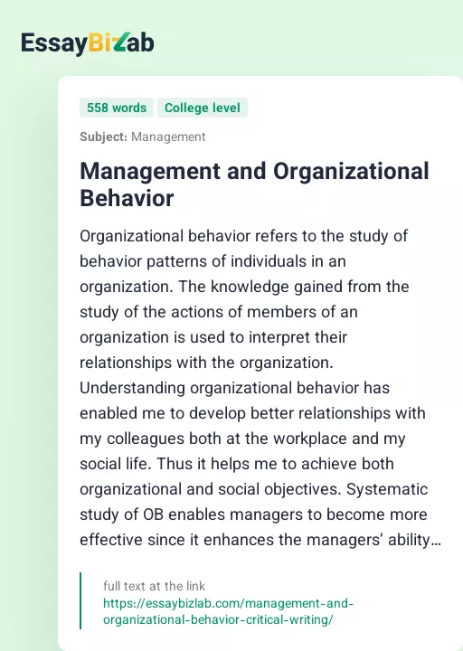 Management and Organizational Behavior - Essay Preview
