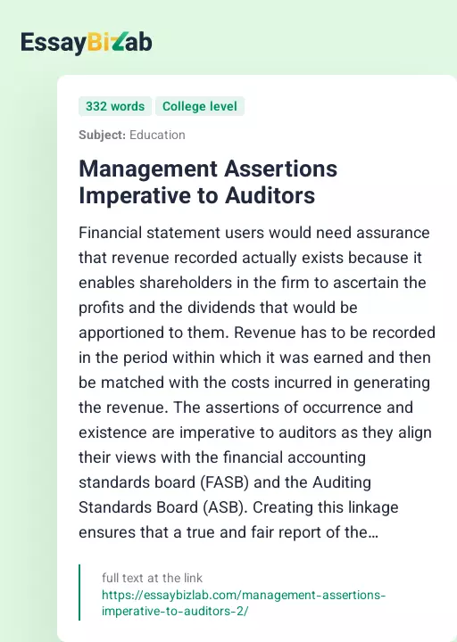 Management Assertions Imperative to Auditors - Essay Preview
