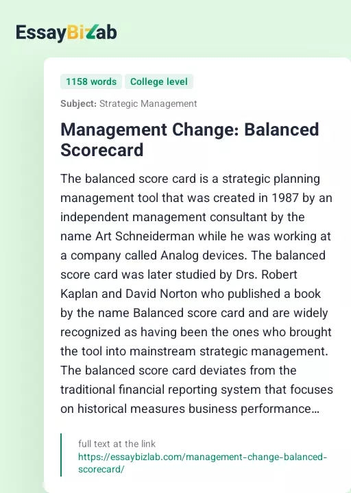 Management Change: Balanced Scorecard - Essay Preview
