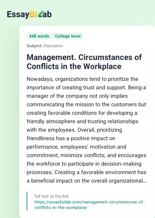 Management. Circumstances of Conflicts in the Workplace - Essay Preview