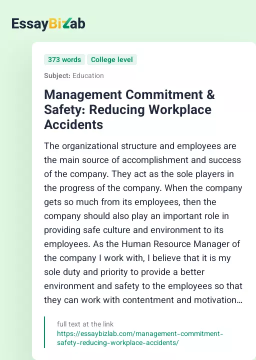 Management Commitment & Safety: Reducing Workplace Accidents - Essay Preview
